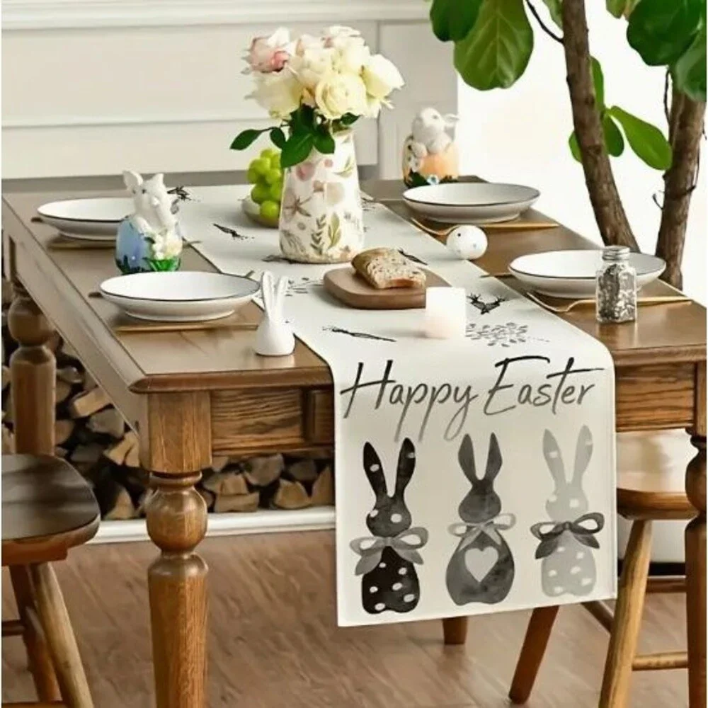 Easter Table Runner 13x72in Woven Polyester Happy Easter Bunnies Black & Gray